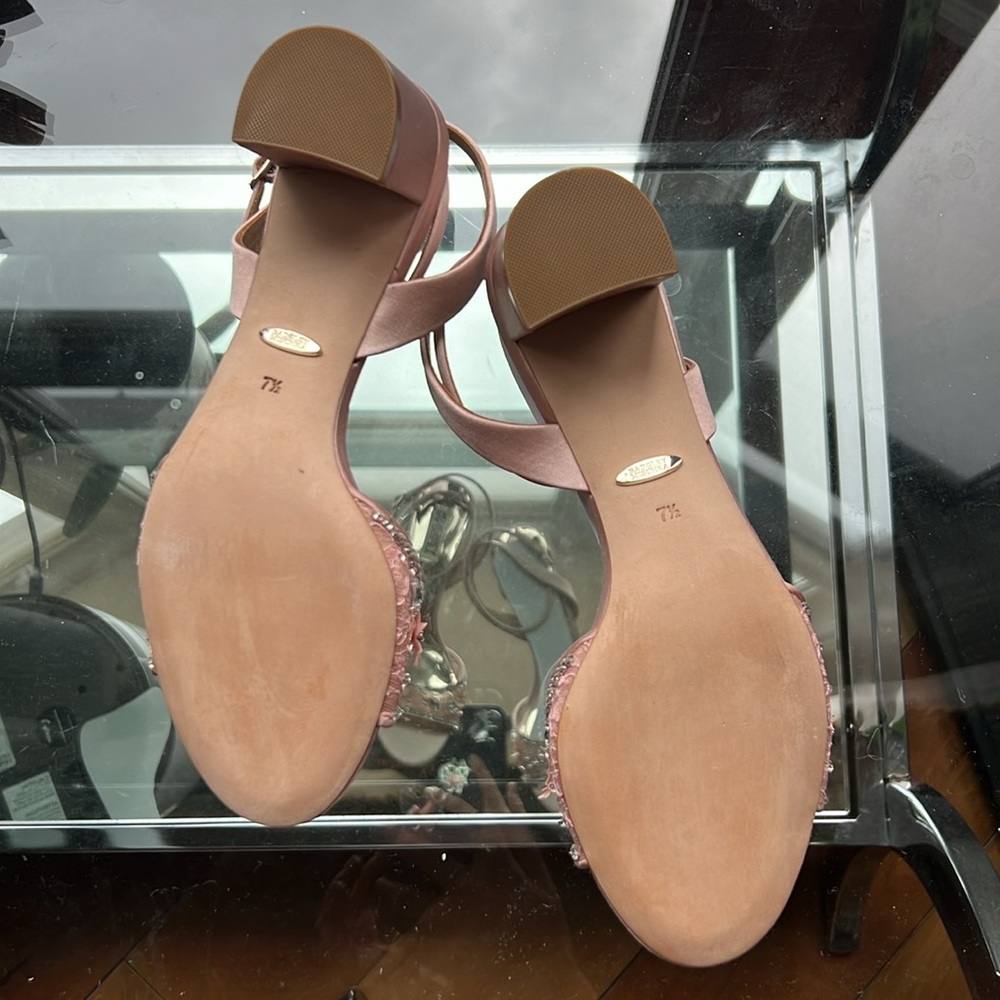 Badgley Mischka Pink Satin Floral Crystal Block Heel Sandals - Picture 5 of 13